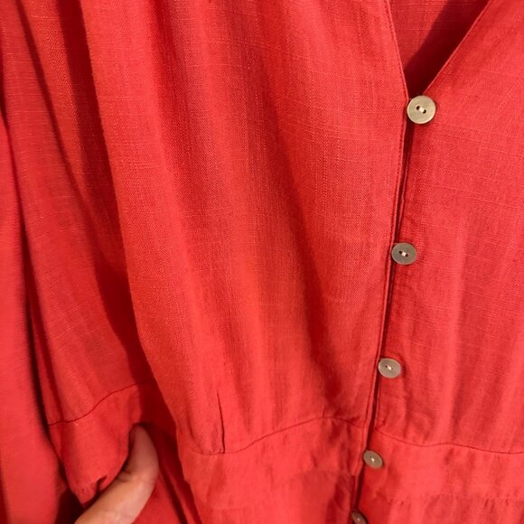 J. Jill Linen Smocked Sleeve Coral Button Up Midi Dress - Picture 6 of 9